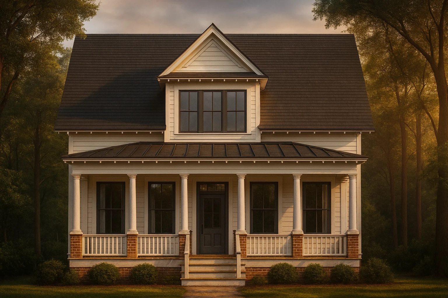 Front view of Modern Farmhouse style home featuring white siding, brick base, dark roof, and inviting covered porch with columns