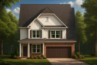 Front view of Modern Farmhouse style home with white board and batten siding, brick accents, and gable roofline