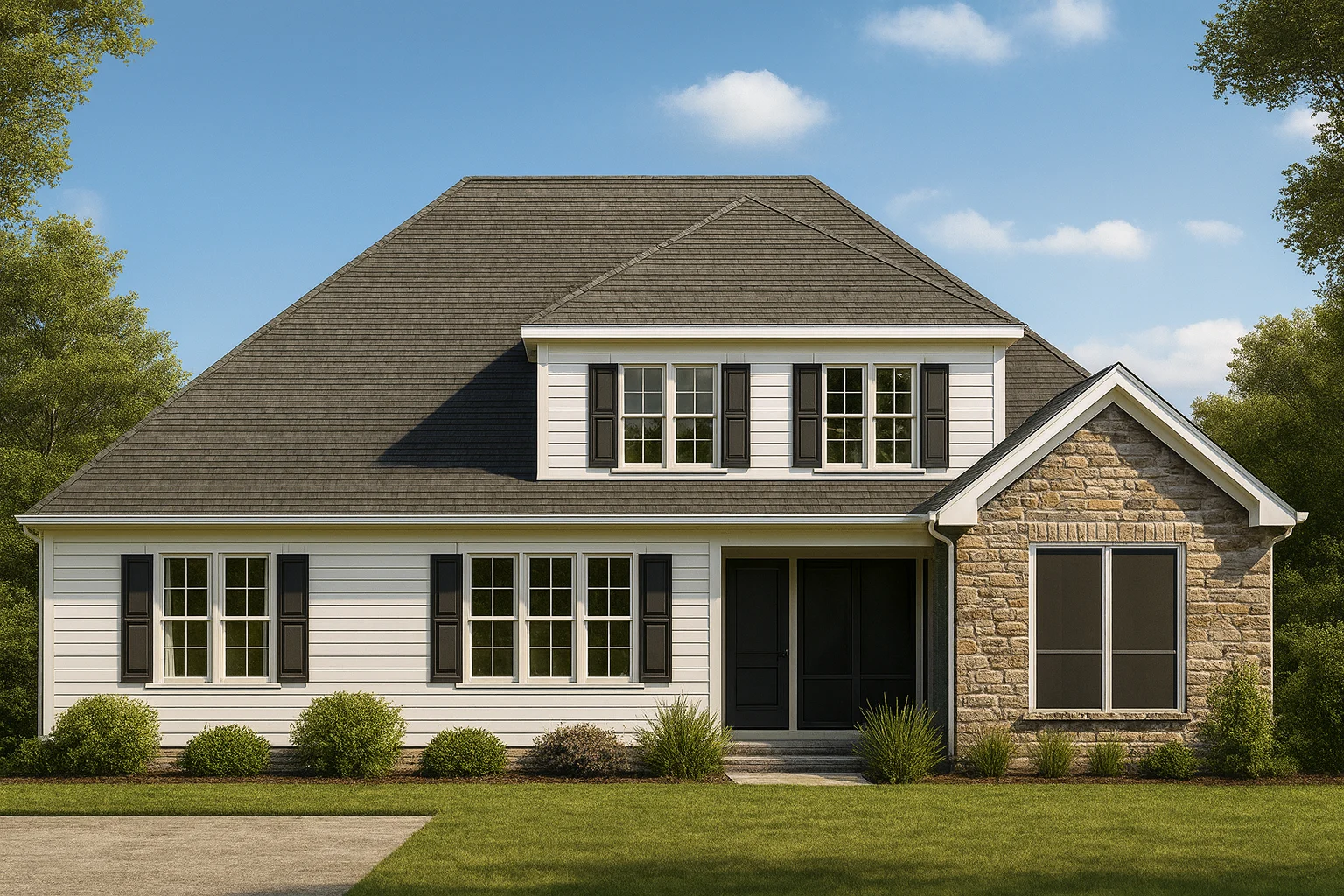 Front elevation of a Traditional Colonial home featuring horizontal siding, black shutters, and a stone accent wall with symmetrical windows and gable rooflines.