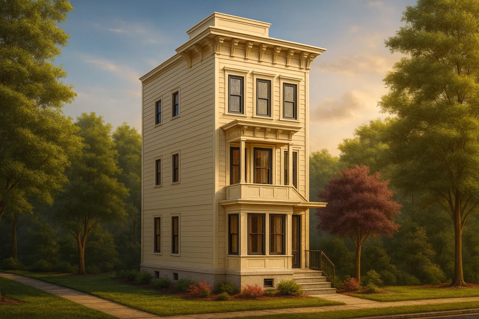 Front view of a narrow 3-story Italianate style home with horizontal siding, tall windows, and classic cornice detailing.