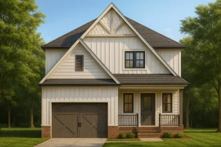 Front view of Modern Farmhouse style home featuring board and batten siding, brick base, gable detailing, and covered front porch with black accents