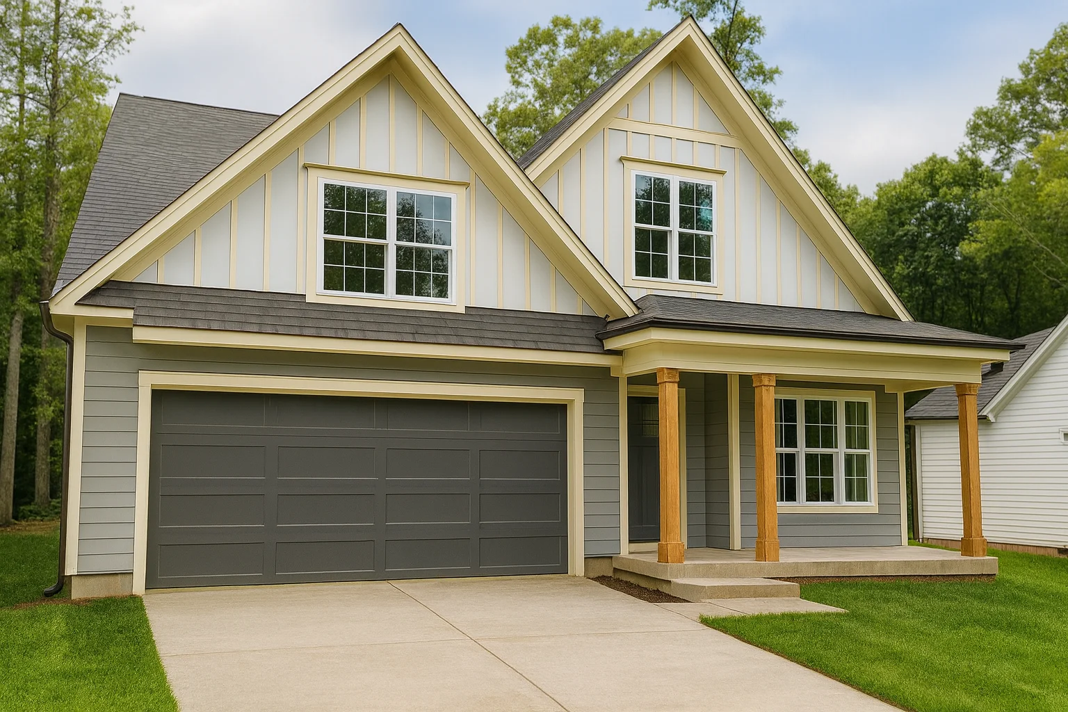 Front elevation of a modern farmhouse style home featuring board and batten siding, gabled rooflines, covered front porch, and attached two-car garage
