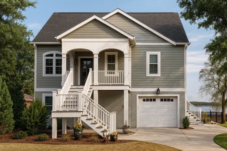 Front elevation of a Coastal Traditional house with elevated design, horizontal siding, covered porch, and ground-level garage