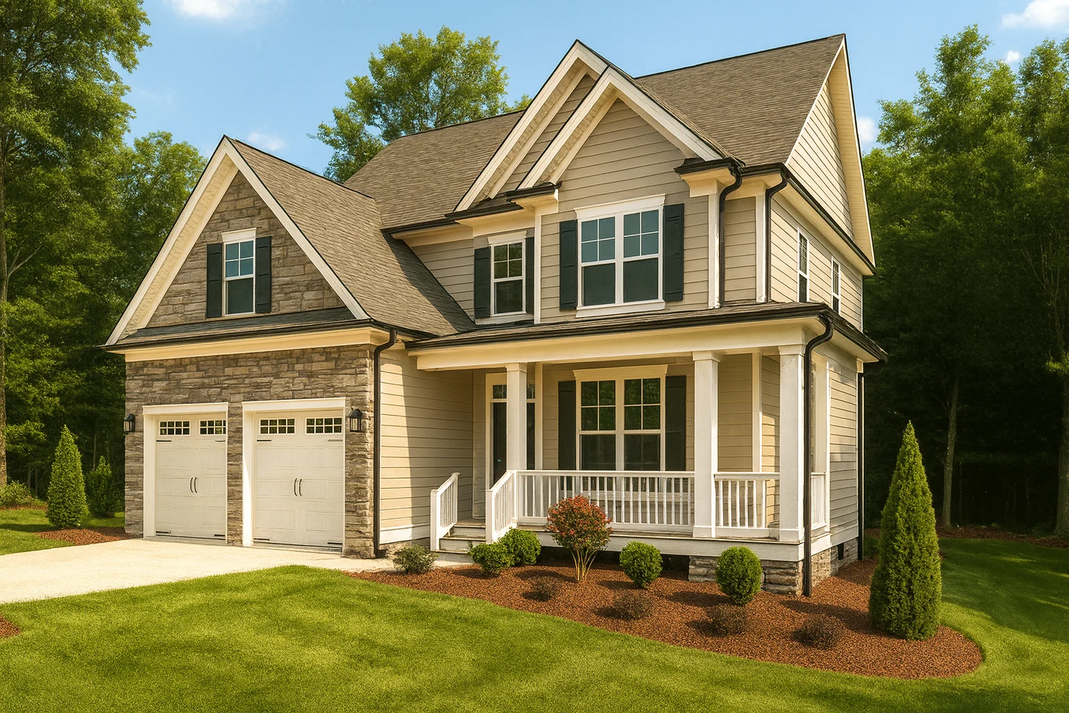 Front exterior of a New American style two-story home with stone accents, horizontal siding, and covered front porch