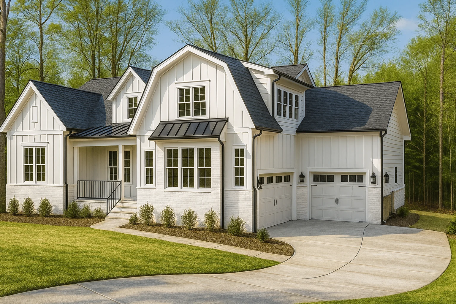 Front elevation of a modern farmhouse style home featuring white board and batten siding, black metal awnings, and a two-car garage
