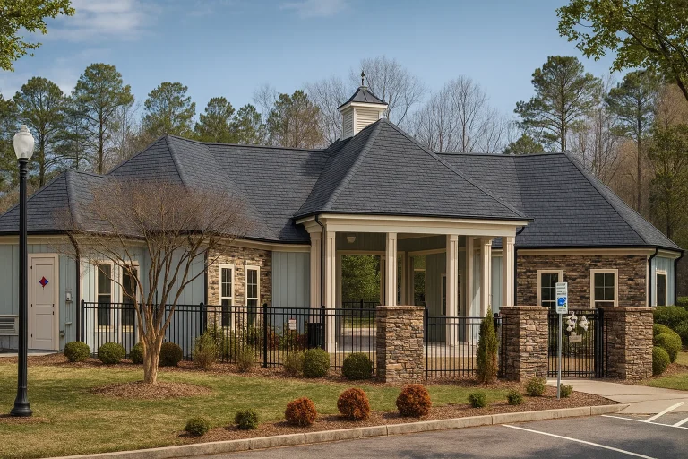 Front elevation of Neoclassical clubhouse with board and batten siding, stone veneer columns, hip roof, and covered pavilion entry