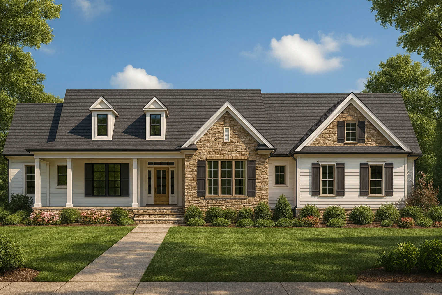 Front elevation of New American Traditional style house with stone facade, white lap siding, gabled roof, and covered front porch