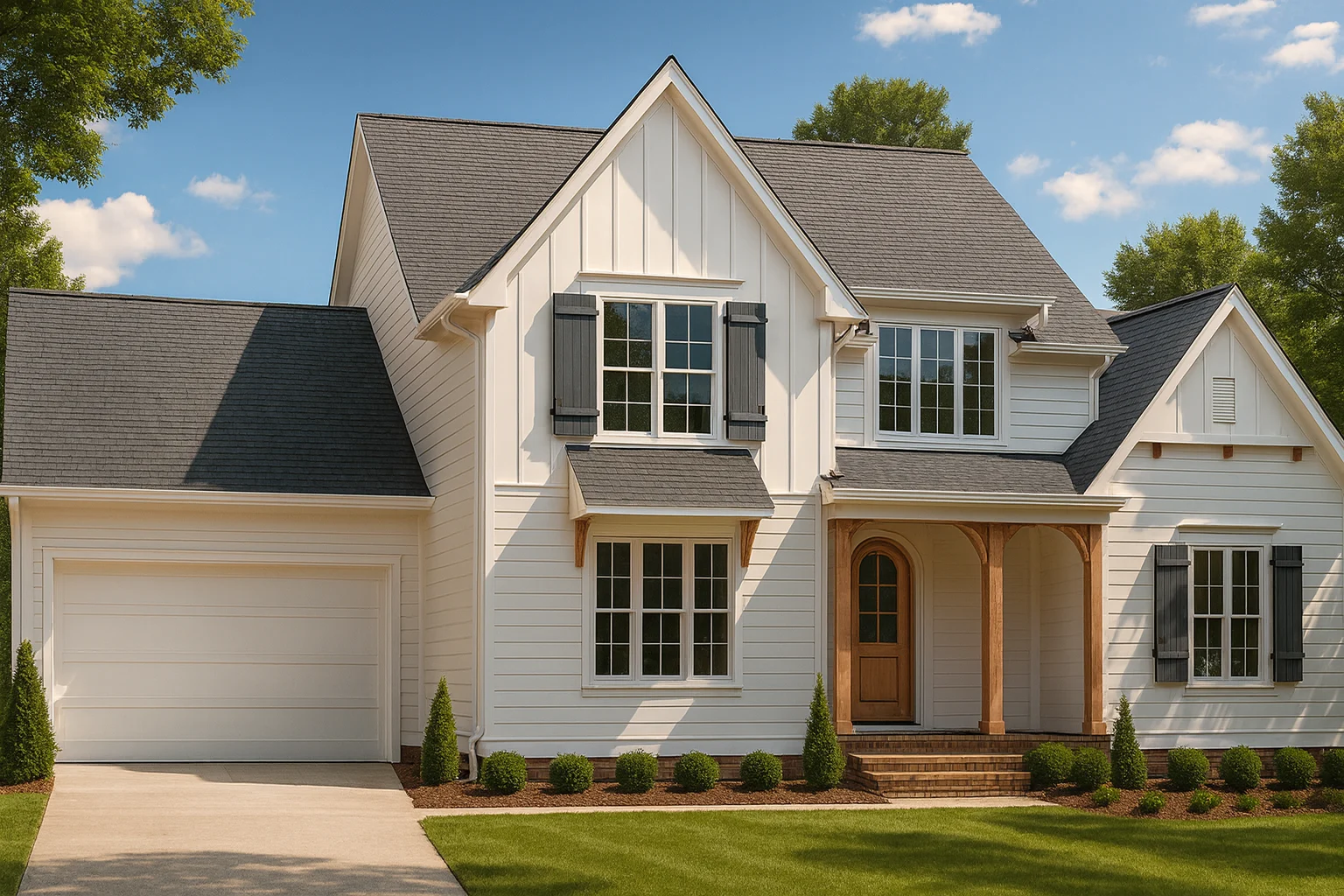 Front elevation of a modern farmhouse-style home with white board-and-batten siding, black shutters, gable dormer, and a covered porch entry