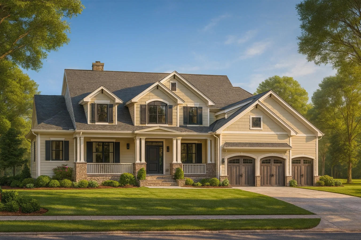 Front elevation of a New American style suburban house featuring lap siding, shingle accents, covered front porch, and three-car garage