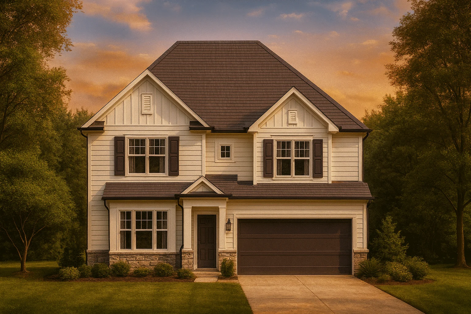 Front elevation of a New American farmhouse style home featuring board and batten siding, stone accents, symmetrical windows, and a two car garage