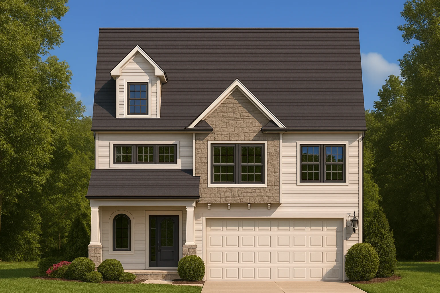 Front elevation of a New American modern traditional house with horizontal siding, shingle gable accents, and a two-car front entry garage