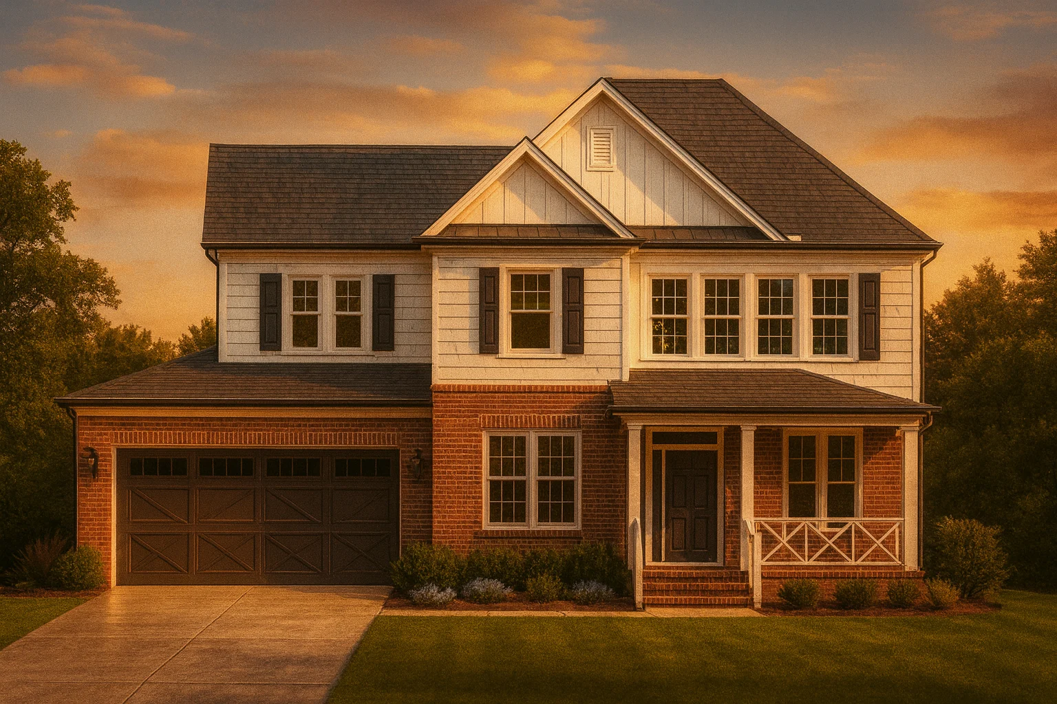 Front elevation of a New American modern traditional house with brick lower exterior, lap siding upper level, symmetrical windows, and covered front porch