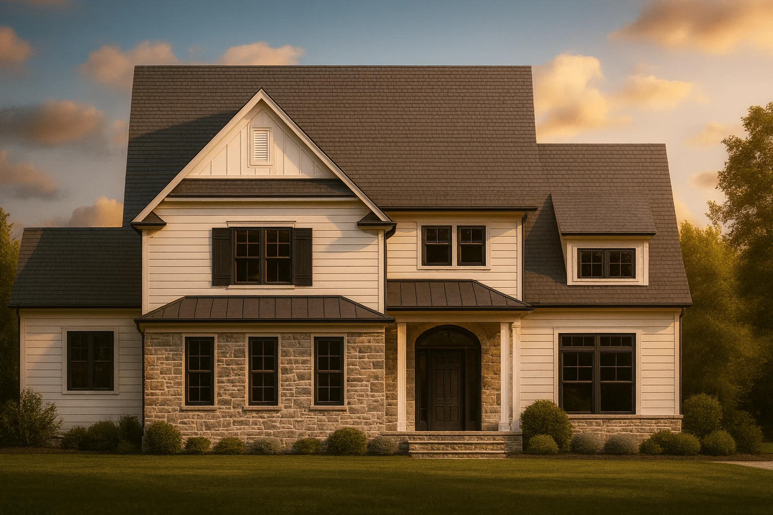 Front elevation of a Modern Farmhouse style home featuring board-and-batten siding, stone accents, steep gabled roof, and symmetrical New American design