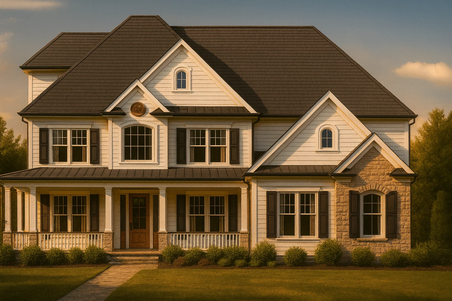 Front elevation of a Traditional Colonial style home with horizontal siding, brick accents, symmetrical windows, and covered front porch