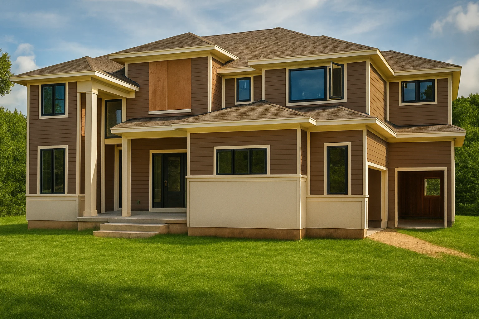 Front exterior view of a New American style two-story home featuring horizontal siding, board-and-batten accents, large windows, and a balanced suburban facade