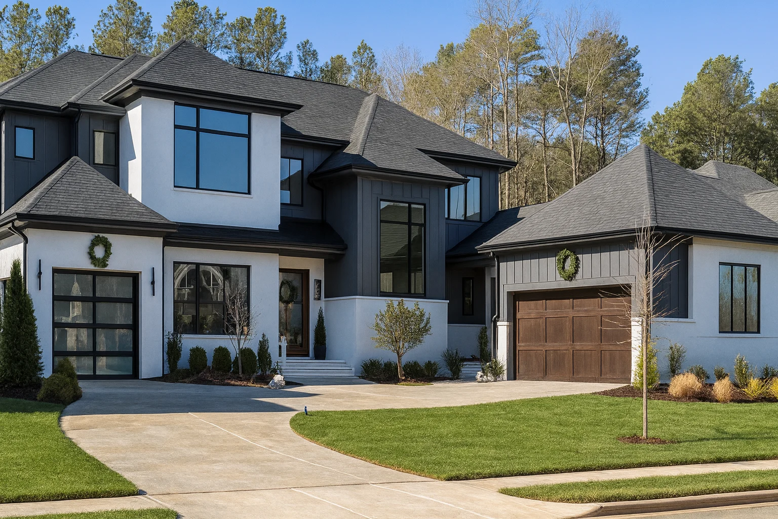 Front exterior of a Modern Traditional luxury home with board and batten siding, stucco accents, dark windows, and a three-car garage