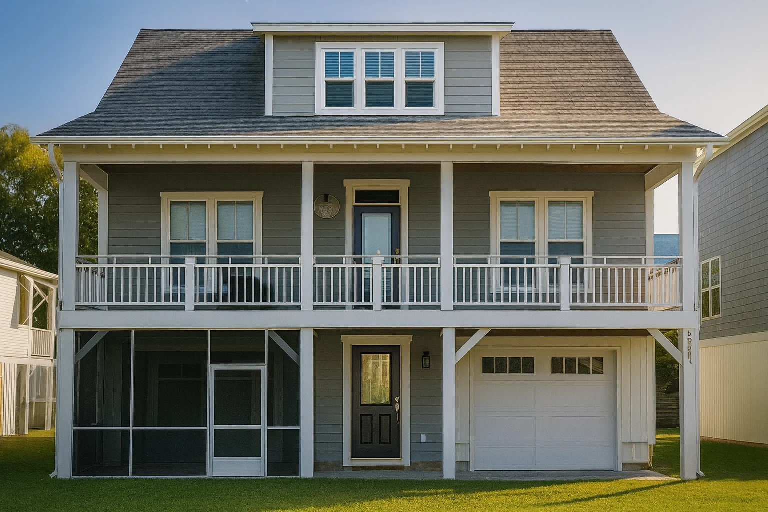 Front elevation of a Coastal Low Country style garage apartment with elevated living space, covered upper porch, horizontal siding, and classic Southern detailing