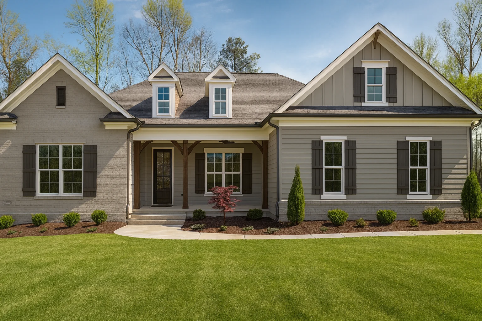Front elevation of a New American modern farmhouse home with brick exterior, board-and-batten siding, black shutters, and a covered front porch