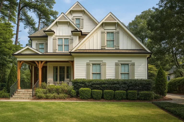 Front elevation of a modern farmhouse style home with board and batten siding, gabled rooflines, shutters, and a covered front porch surrounded by mature landscaping