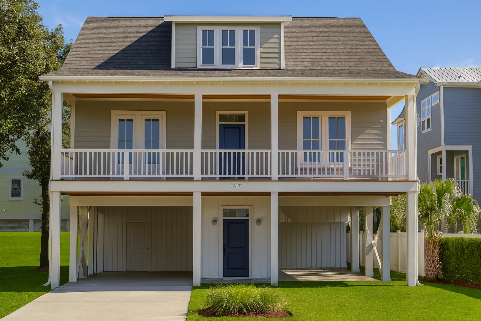 Front exterior of a Coastal Low Country style home featuring raised foundation, double front porches, horizontal siding, and open carport below
