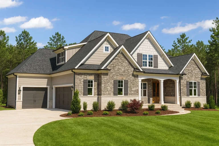 Front exterior view of a New American Modern Traditional style home featuring stone veneer, lap siding, shingle accents, and a welcoming covered entry