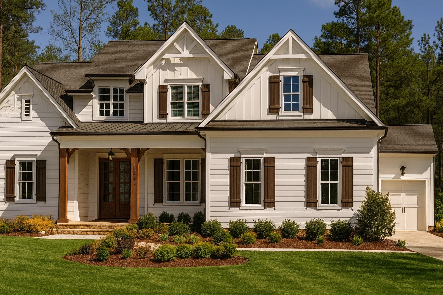 Front elevation of a Modern Farmhouse style home with white board and batten siding, lap siding accents, dark shutters, gabled rooflines, and a welcoming covered front porch