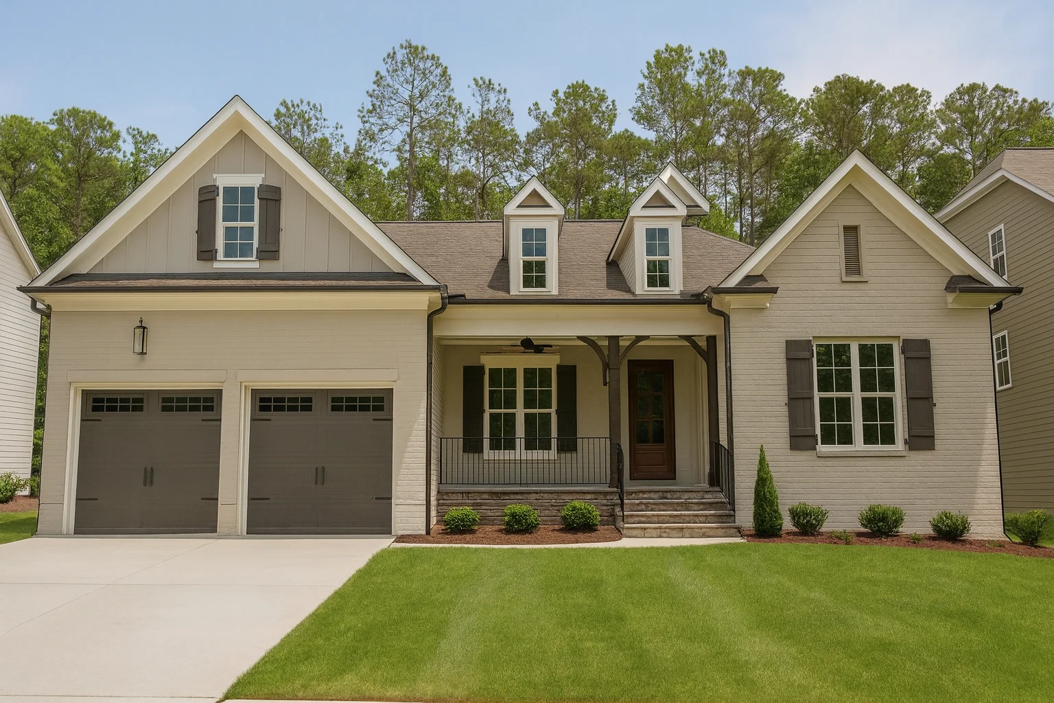 Front elevation of a Modern Farmhouse style home with painted brick exterior, board and batten siding, gabled rooflines, and covered front porch