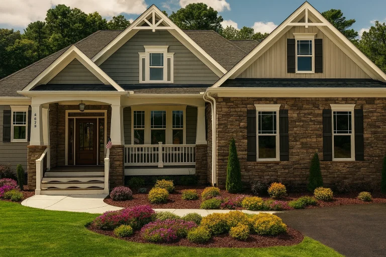 Front exterior view of a New American modern traditional house featuring stone veneer, board and batten siding, gabled rooflines, and a covered front porch