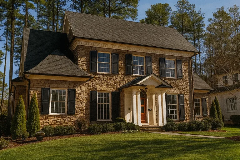 Front elevation of a Georgian Colonial style home with full stone exterior, symmetrical windows, black shutters, and classical columned entry