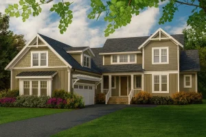 Elegant 2-Story Classic American House Plan with Vaulted Ceilings & Courtyard Garage
