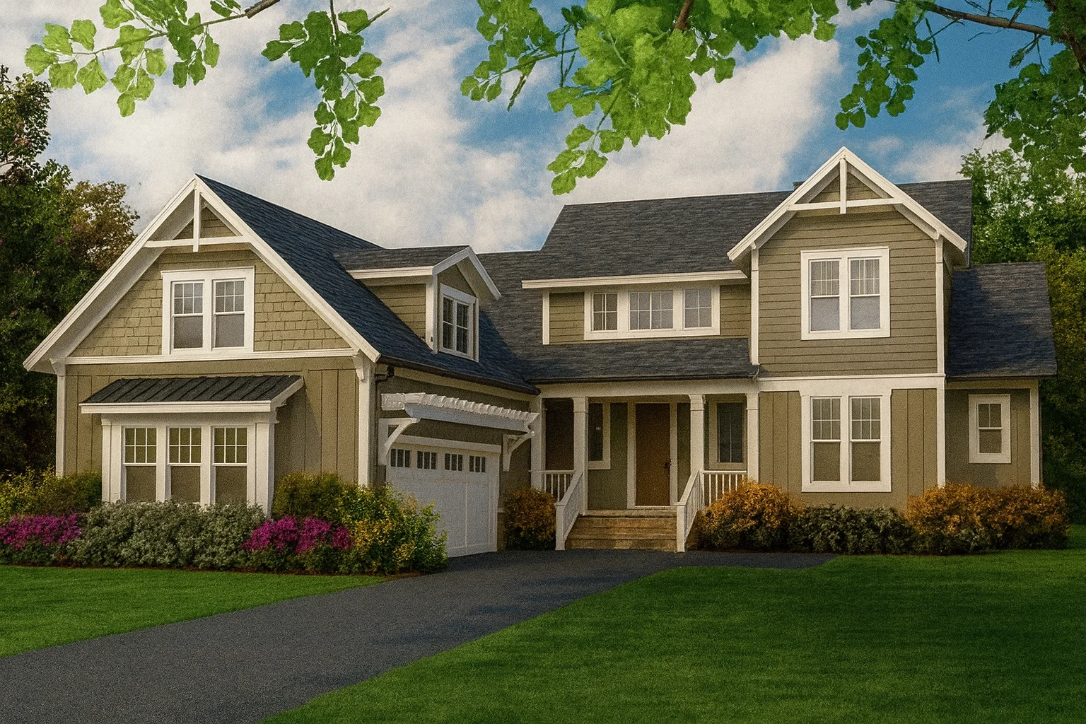 Elegant 2-Story Classic American House Plan with Vaulted Ceilings & Courtyard Garage
