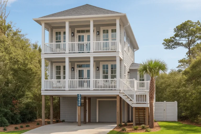 House Plans with Spacious Laundry Room 22 Front exterior view of an elevated Coastal Low Country style home with double stacked porches, horizontal siding, and ground-level garage