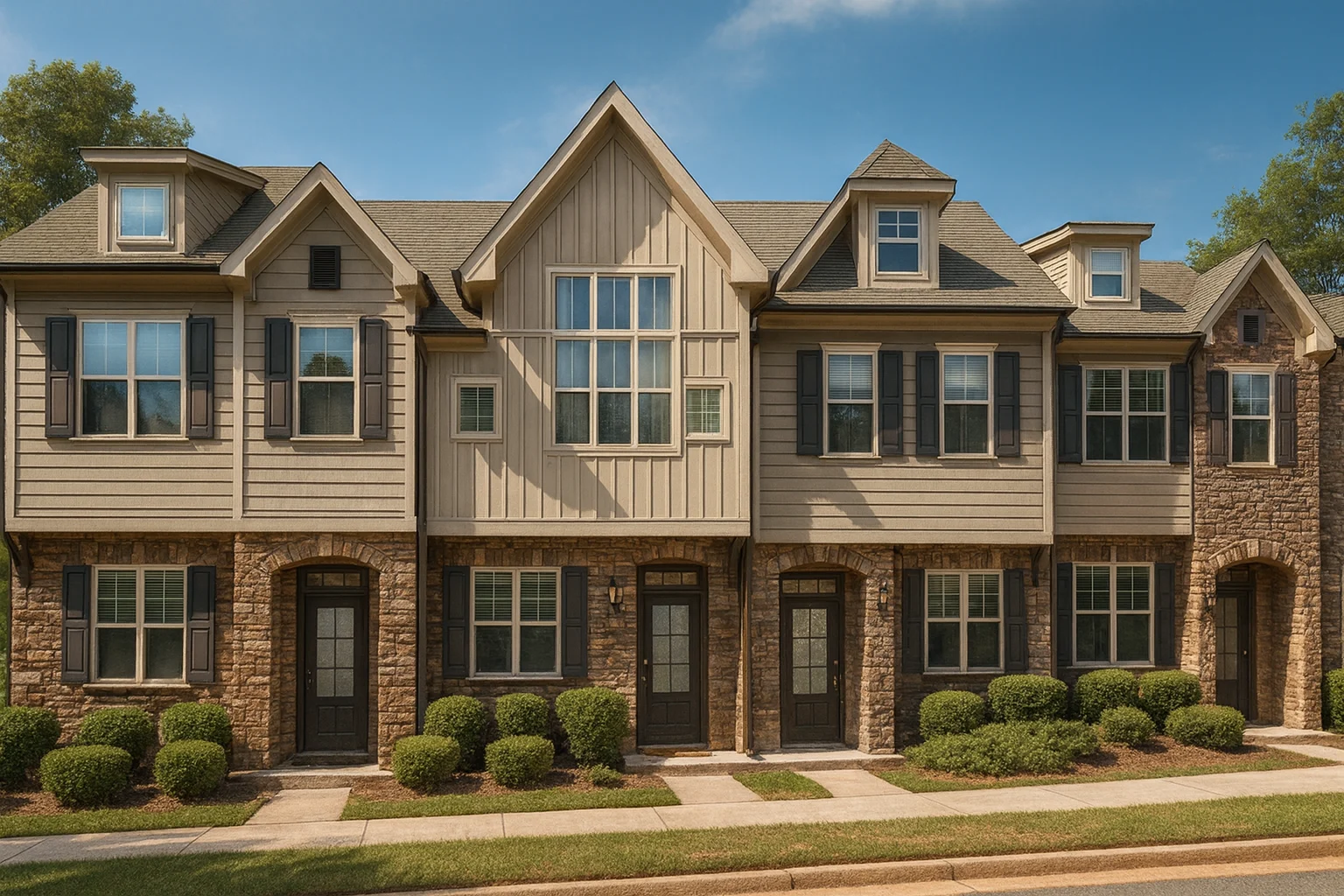 Front exterior of New American style townhome with Craftsman influence, featuring board-and-batten siding, horizontal lap siding, stone veneer, and symmetrical gabled rooflines