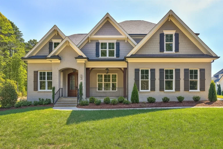 Front exterior of a New American modern traditional house featuring painted brick, shingle gables, Craftsman trim, and a covered front porch