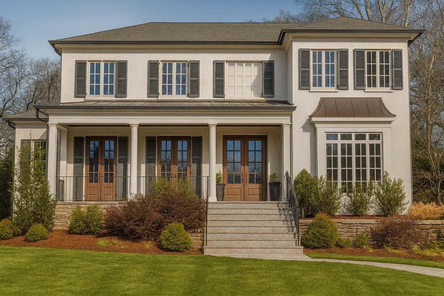 Front elevation of a Traditional Colonial style home featuring painted clapboard siding, symmetrical windows, and a classic covered front porch