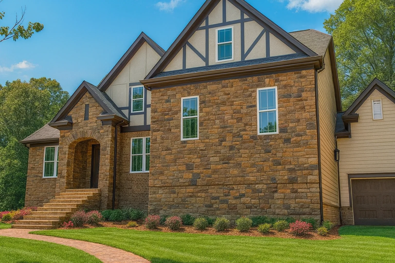 Front exterior of a Tudor Revival style home featuring stone veneer walls, decorative half-timbering, steep gabled rooflines, and classic suburban proportions