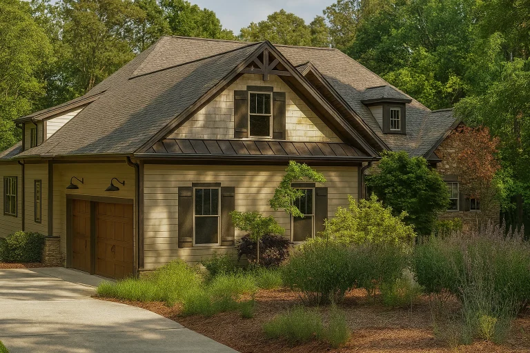 Front exterior of Craftsman Cottage style home with horizontal lap siding, shake gable accents, and covered entry