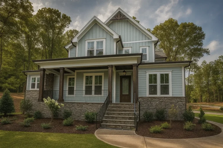 Front elevation of a Modern Farmhouse Craftsman style home with board and batten siding, stone foundation, covered porch, and gabled rooflines