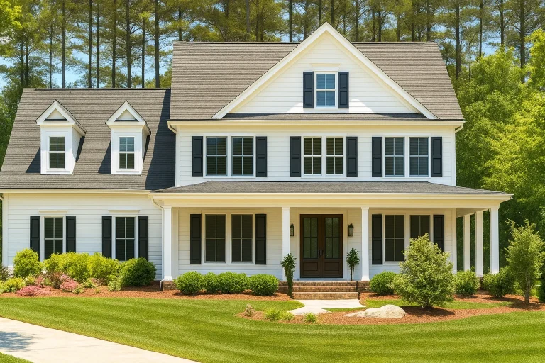 Front elevation of a Colonial Traditional style home with white lap siding, black shutters, symmetrical windows, and a full-width covered front porch