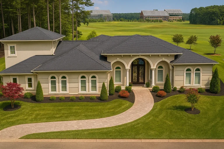 Front elevation of a Mediterranean European style luxury home with stucco exterior, stone accents, arched entry, and manicured landscaping