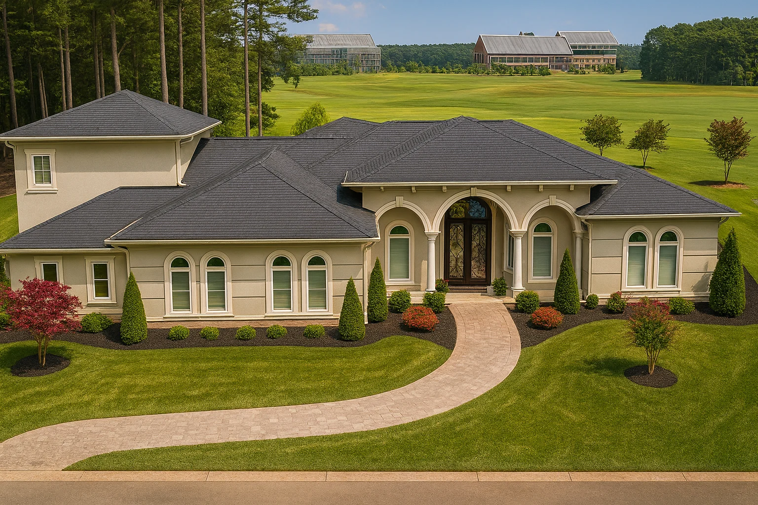 Front elevation of a Mediterranean European style luxury home with stucco exterior, stone accents, arched entry, and manicured landscaping