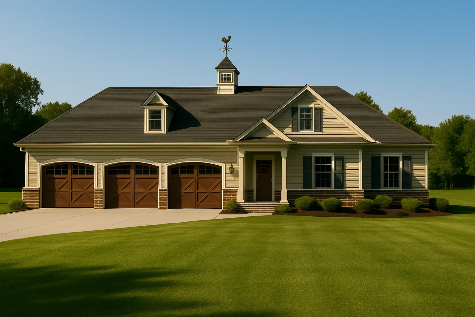 Front exterior view of a Traditional Colonial style home with horizontal siding, symmetrical façade, dormer windows, cupola, and side-entry three-car garage