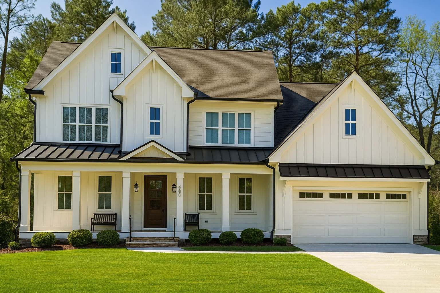 6 Bedroom House Plans 29 Front elevation of a Modern Farmhouse style home featuring board and batten siding, metal porch roof, symmetrical windows, and an attached garage