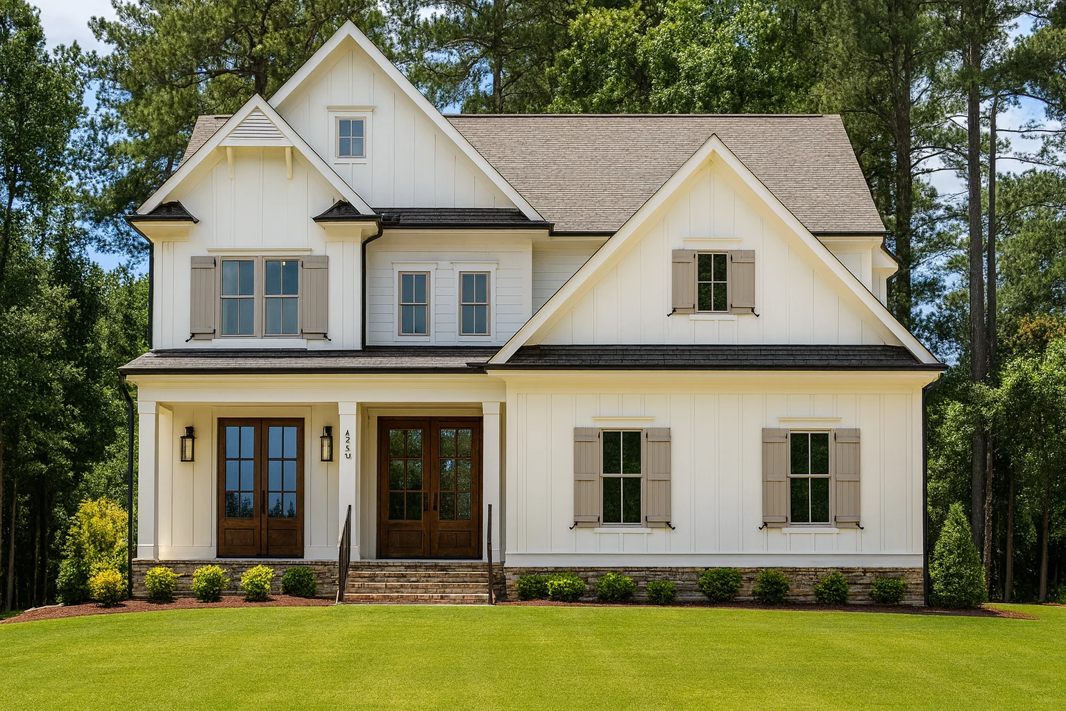 House Plans 27 Front elevation of a Modern Farmhouse style home featuring board and batten siding, symmetrical gables, and covered front porch