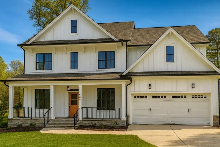Front elevation of a modern farmhouse style home featuring white board and batten siding, black windows, gabled rooflines, covered porch, and attached two-car garage