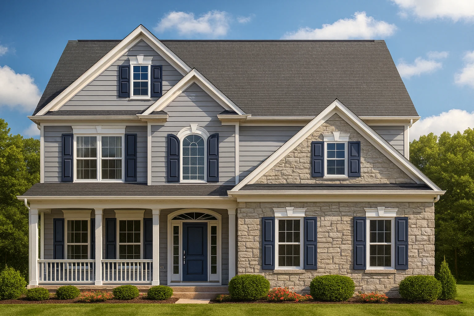 Front elevation of a New American style two-story house featuring stone accents, horizontal siding, gabled rooflines, and a covered front porch