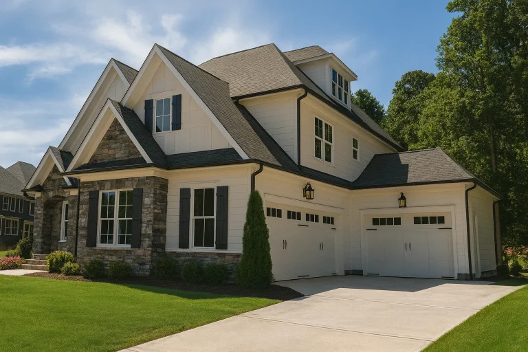 House Plans with Spacious Laundry Room 2 Front exterior of a New American modern traditional house with board and batten siding, stone accents, steep gable rooflines, and side-entry garage