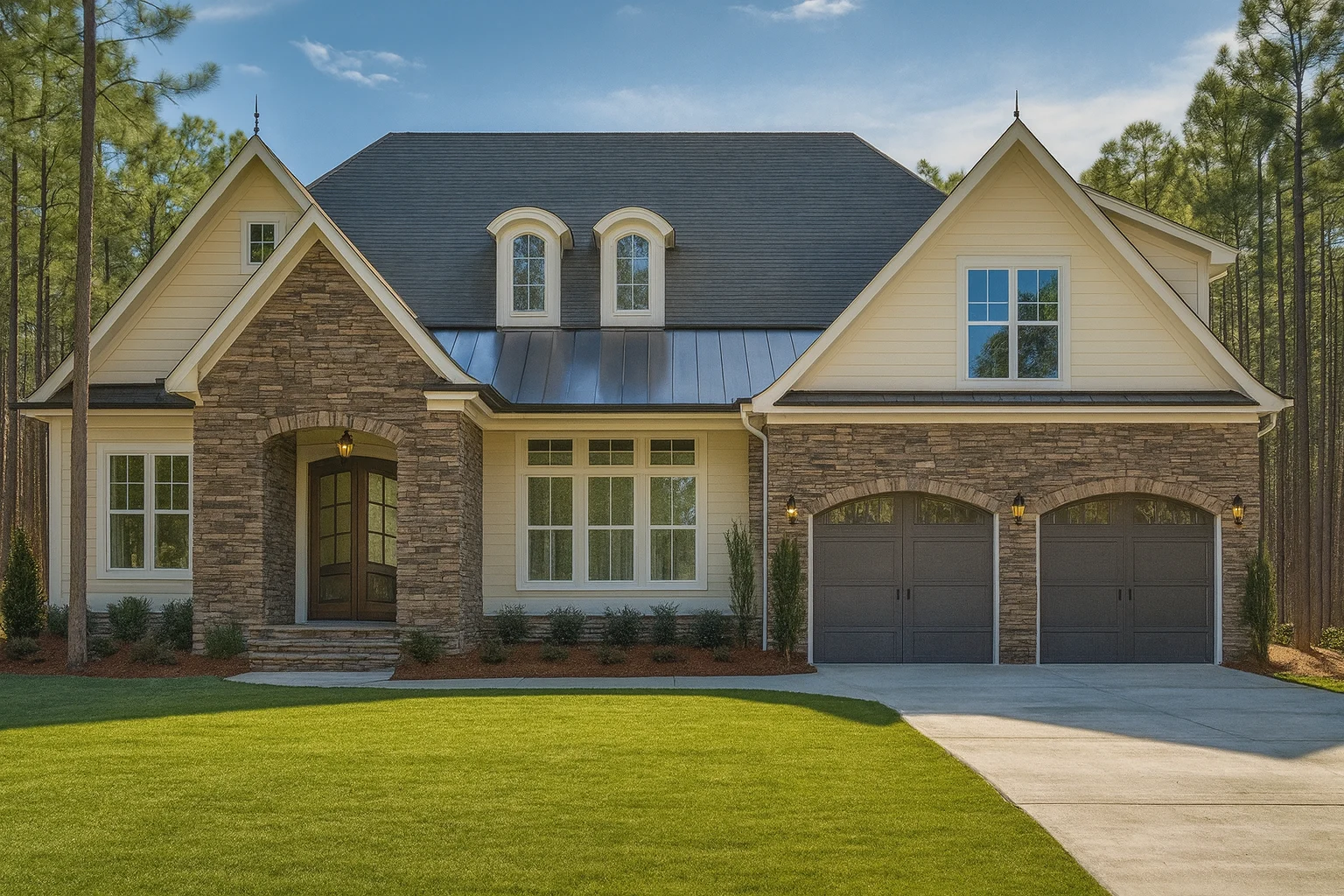 House Plans 19 Front elevation of a New American Traditional style house featuring stone veneer, horizontal siding, metal roof accents, and an arched covered entry