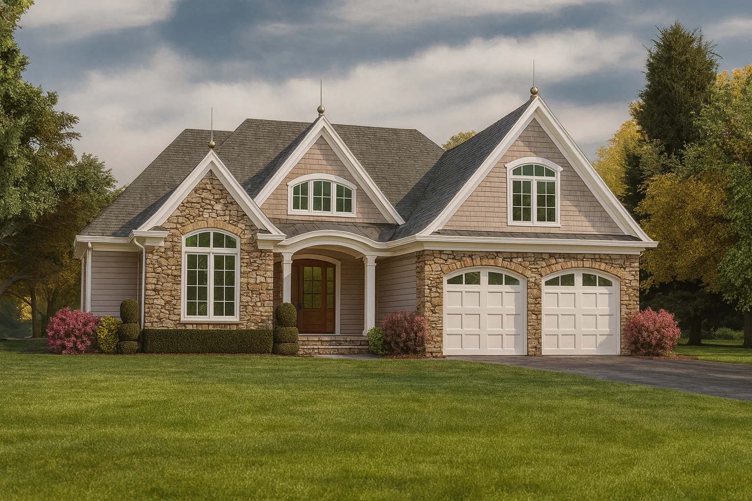 House Plans 17 Front elevation of a New American Cape Cod style house featuring stone accents, shingle siding, arched entry, and dual garage doors