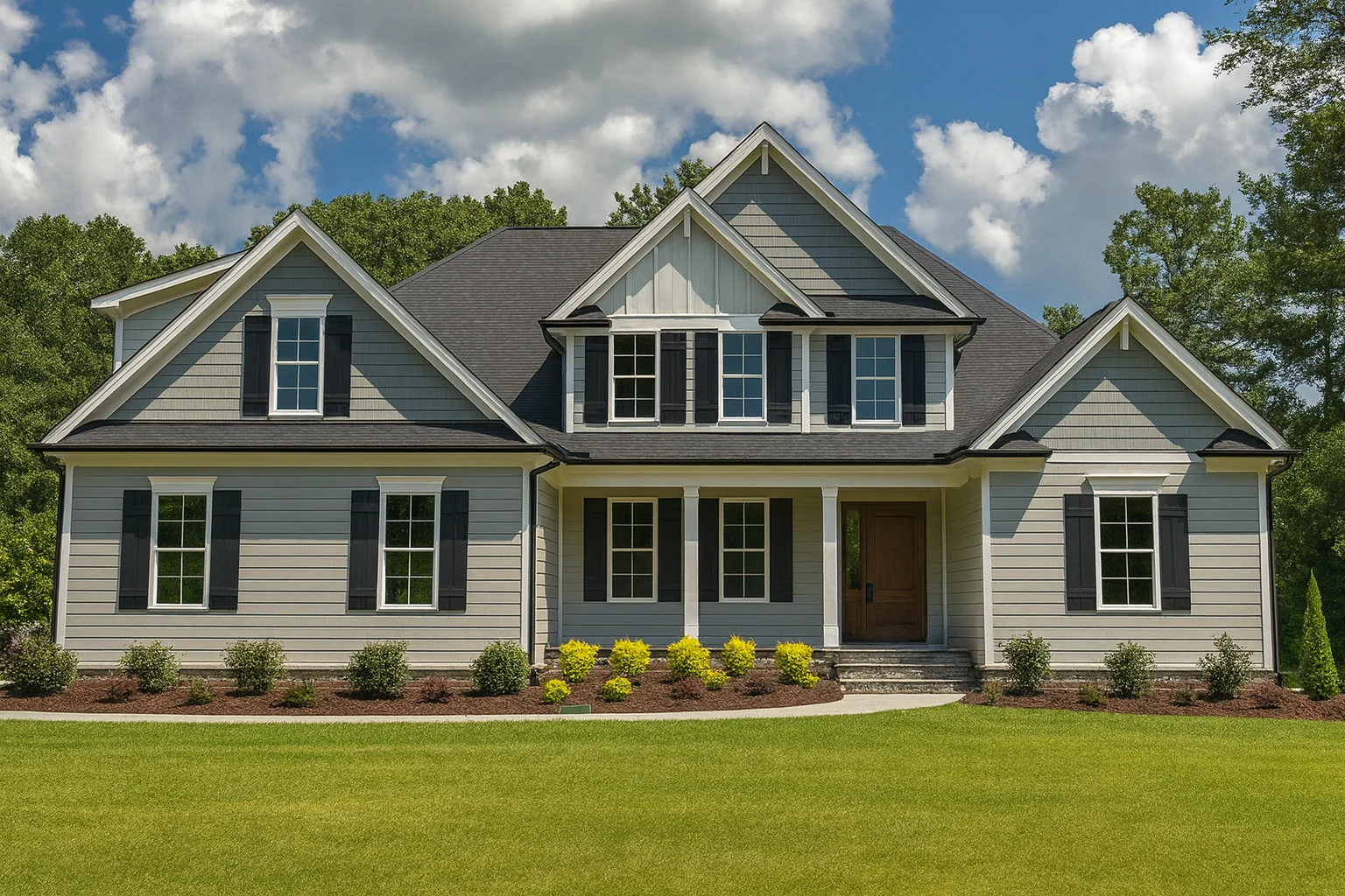 Front elevation of a New American Modern Traditional house with lap siding, board-and-batten gables, and a covered front porch